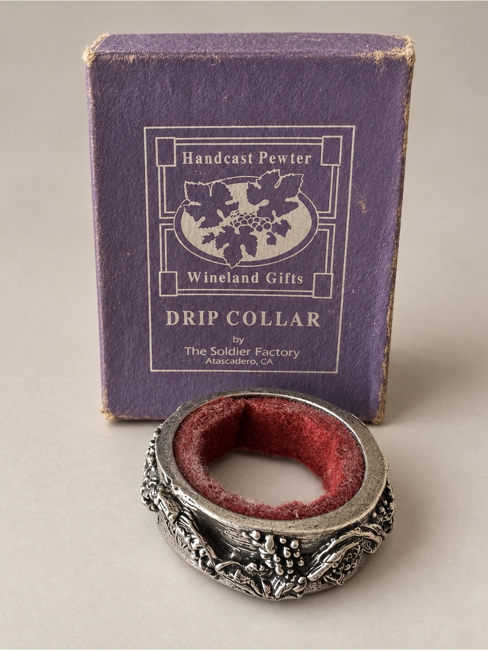 Vintage Wanda Scruby Pewter Wine Bottle Drip Collar Signed w/ Box